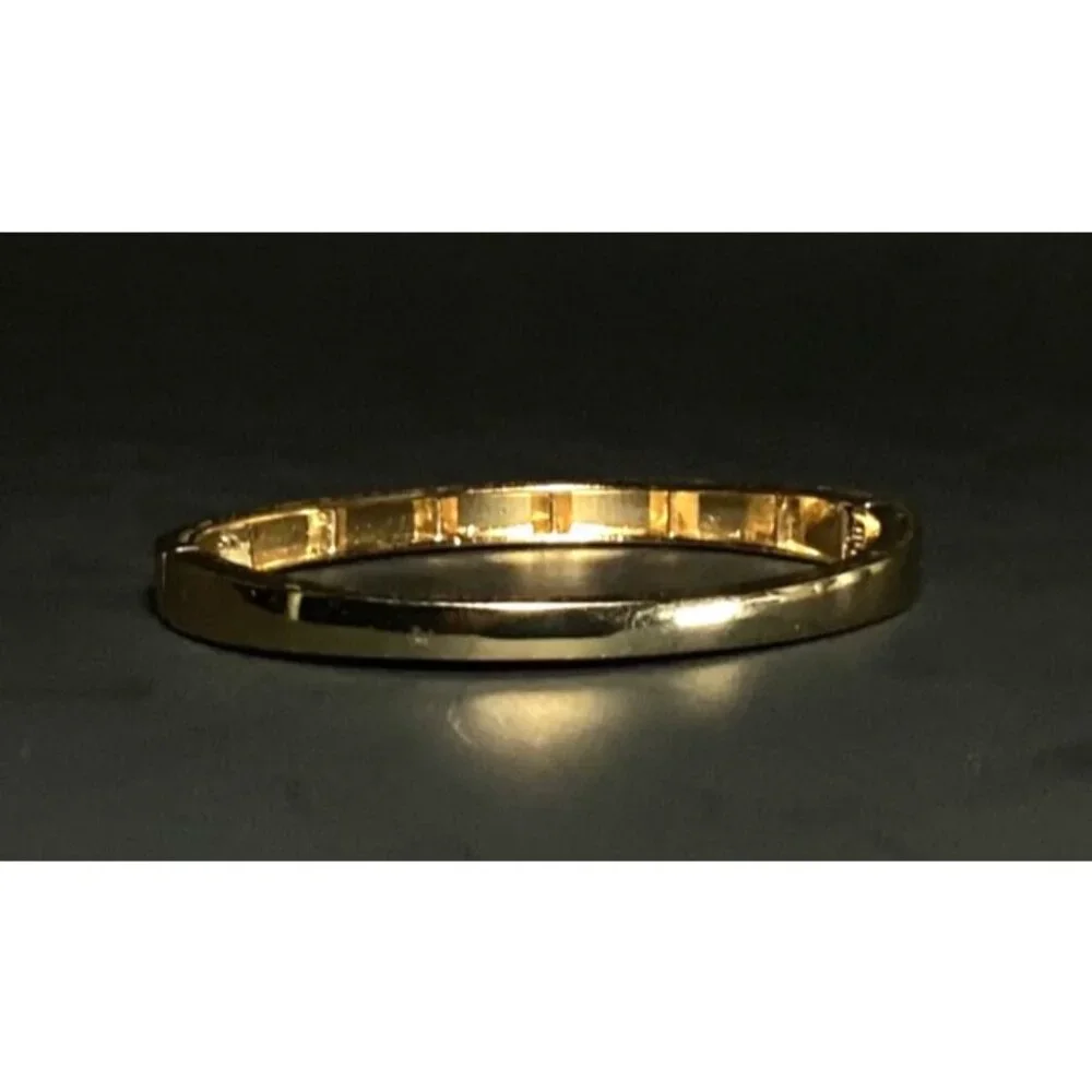 Gold Tone Hinged Metal Clamper Bangle Bracelet with Rhinestones - Picture 5 of 7